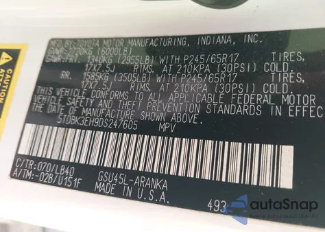 2013 Toyota Highlander Se V6 from USA, damaged, VIN 5TDBK3EH9DS247605